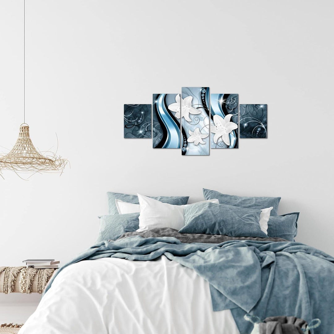 Runa Art Wandbilder Blumen Lilien 5 Teilig Bild auf Vlies Leinwand Deko Wohnzimmer Abstrakt Blau 210