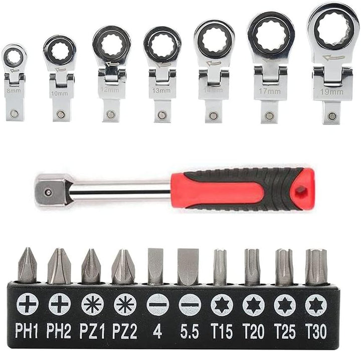 20 Stück Flexkopf-Ratschenschlüssel-Set, 8 mm - 19 mm Wechselbarer Torx-Schraubenschlüssel-Set mit K