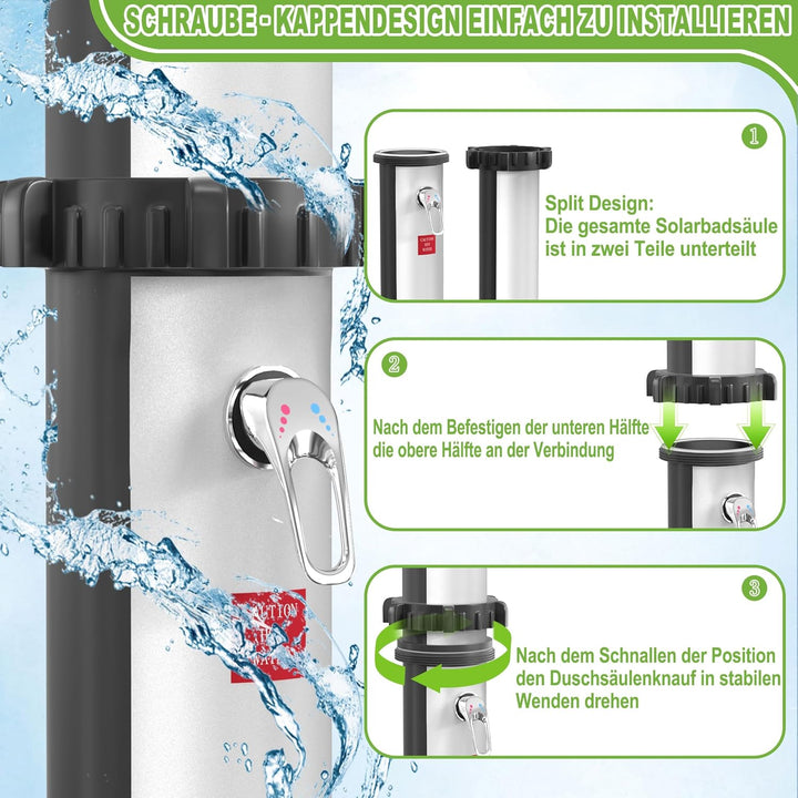 Froadp 35L Solar Gartendusche System Wassertemperatur bis 60℃ Solardusche mit 180° Drehbarer Regendu