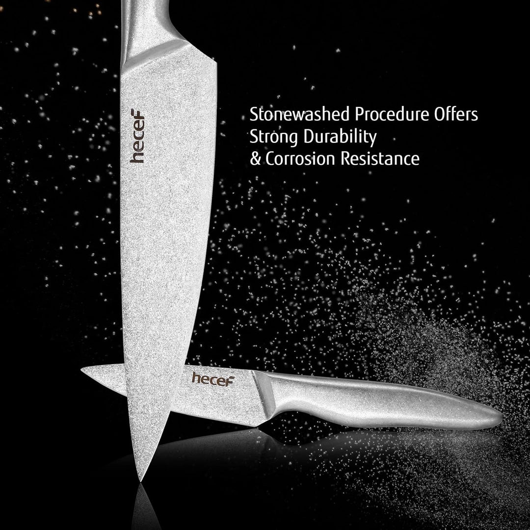hecef Messerset mit 5 Slots Rolltasche und Messerscheide, Weinlese Stonewashed Edelstahl Messer Set