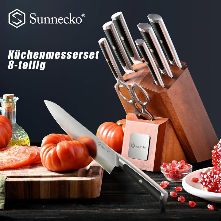 Sunnecko Messerblock set 8 teilig - Küchenmesserset mit hohem Kohlenstoffgehalt Edelstahl, Block Mes