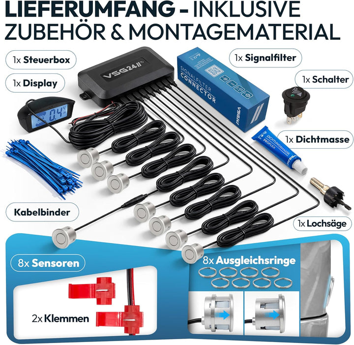 VSG24 Premium Kombi Einparkhilfe mit Display zum nachrüsten am Auto, PDC Parksensoren Vorne Hinten m