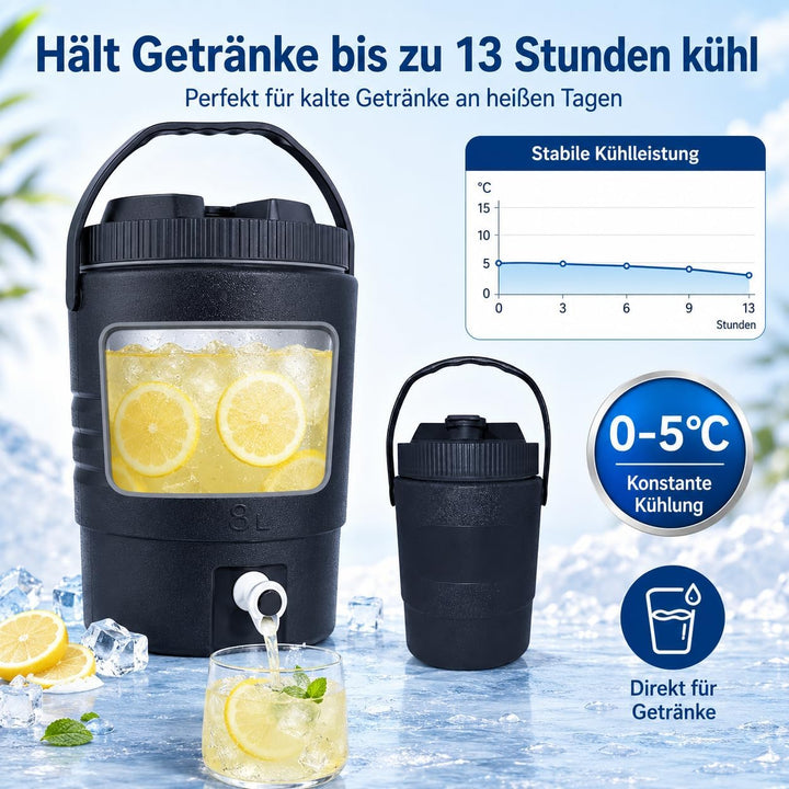 SISKEYCOOC 8L+1L Premium Getränkespender mit Hahn, Eiswürfelbehälter mit Deckel, Getränkekanister mi