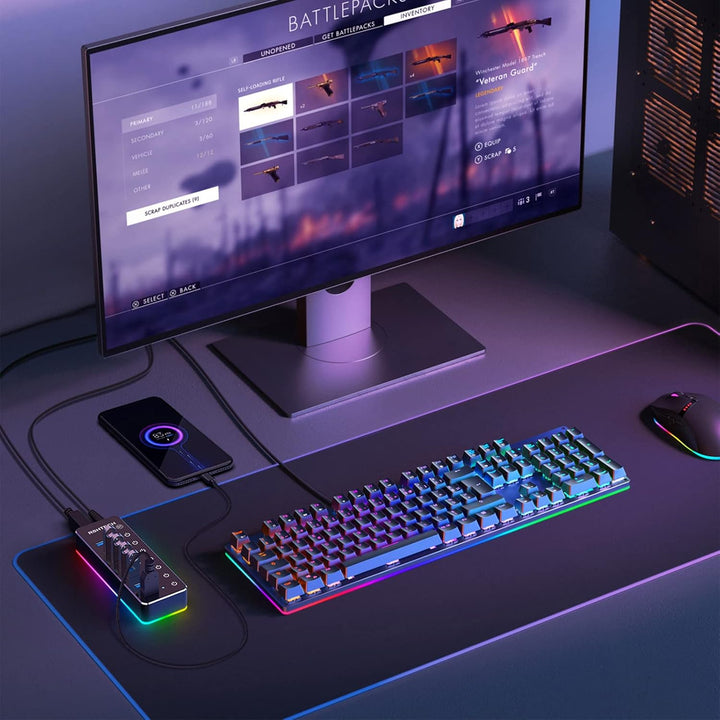 USB Hub Aktiv 3.0 mit Netzteil, RSHTECH 7-Port RGB USB 3.0 Hub Aluminium, 14 RGB Beleuchtungsmodi, 2