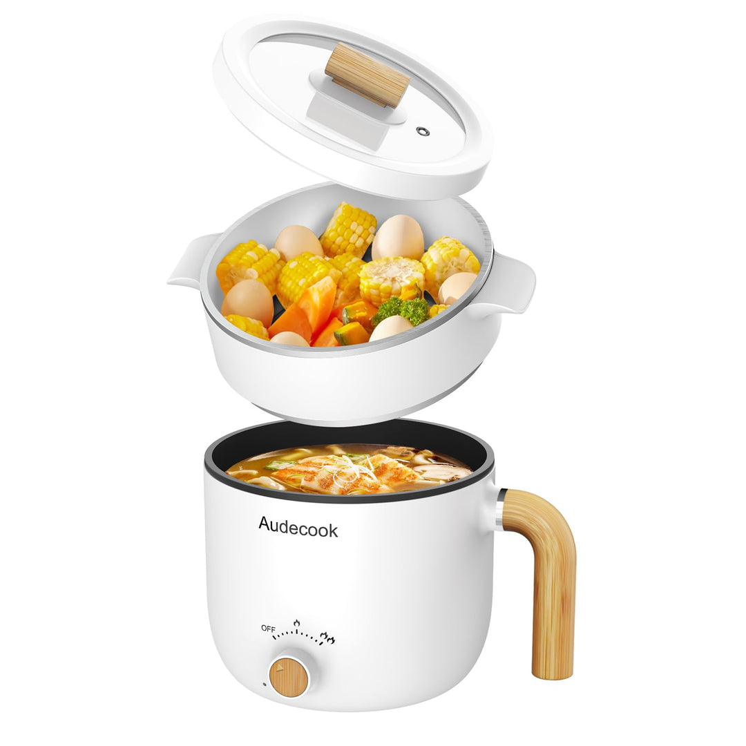 Audecook Elektrische Hot Pot und Dampfgarer, 1.5L Tragbare Mini Antihaft Multikocher, Ramen Kocher,
