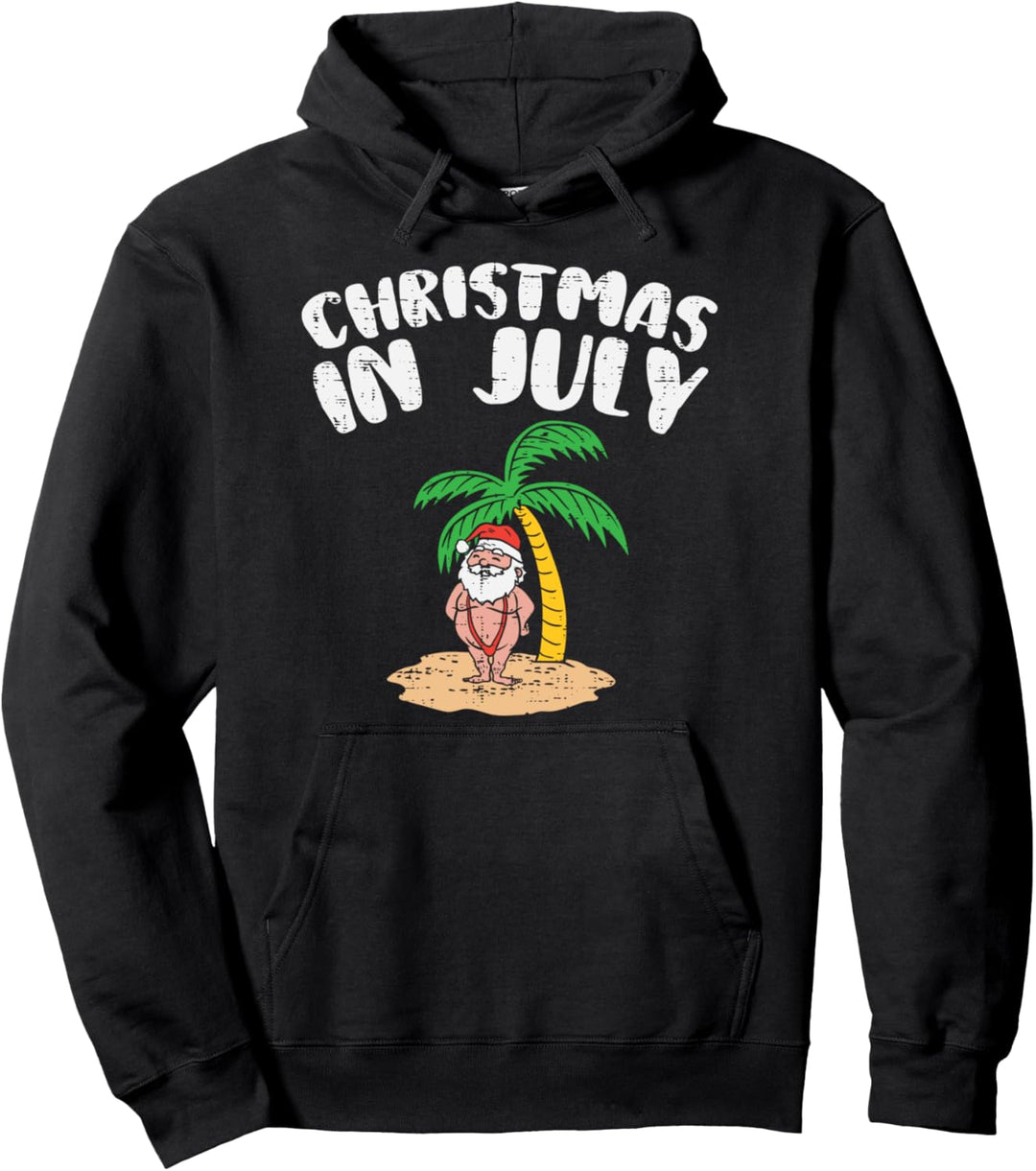 Christmas In July Santa Palm Tree Beach Summer Tropical Xmas Pullover Hoodie