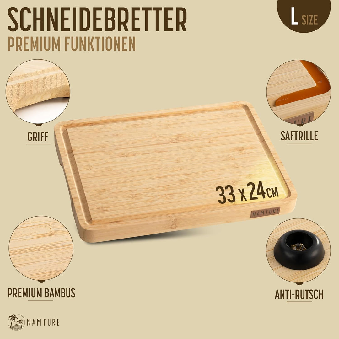 Schneidebrett Bambusholz (Cutting Board) L (33 × 24 × 2,5 cm) – Stirnholz, extra dick, Premium-Öl, m