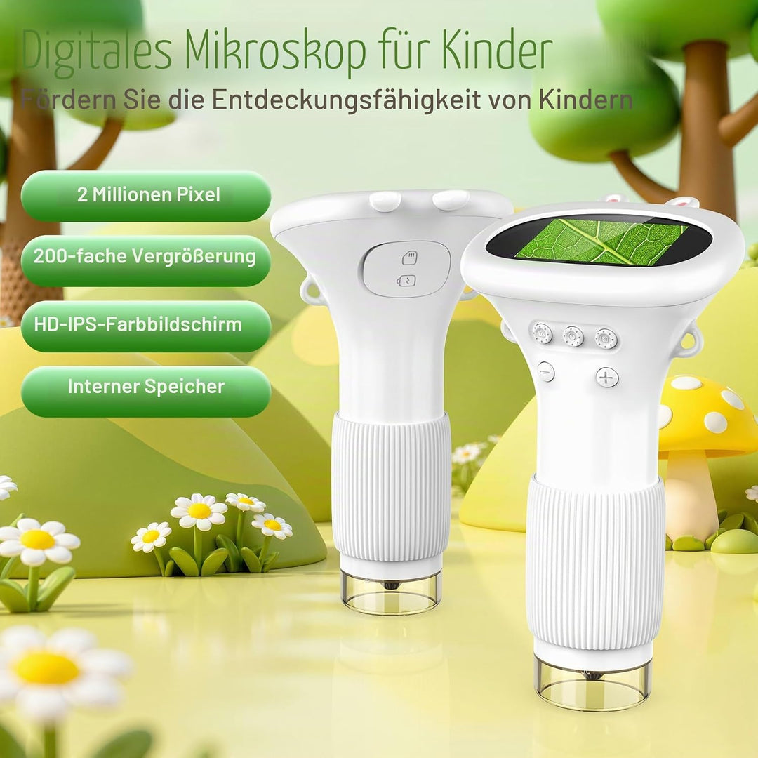 GlobalCrown Mikroskop für Kinder,Hand Mikroskop Digital 2.0 Zoll Bildschirm 200x Taschenmikroskop,PC