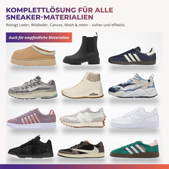 Reinigungsset für alle Schuharten. 250ml effektiver Schuh-Reiniger + beidseitiger Naturholzbürste (w