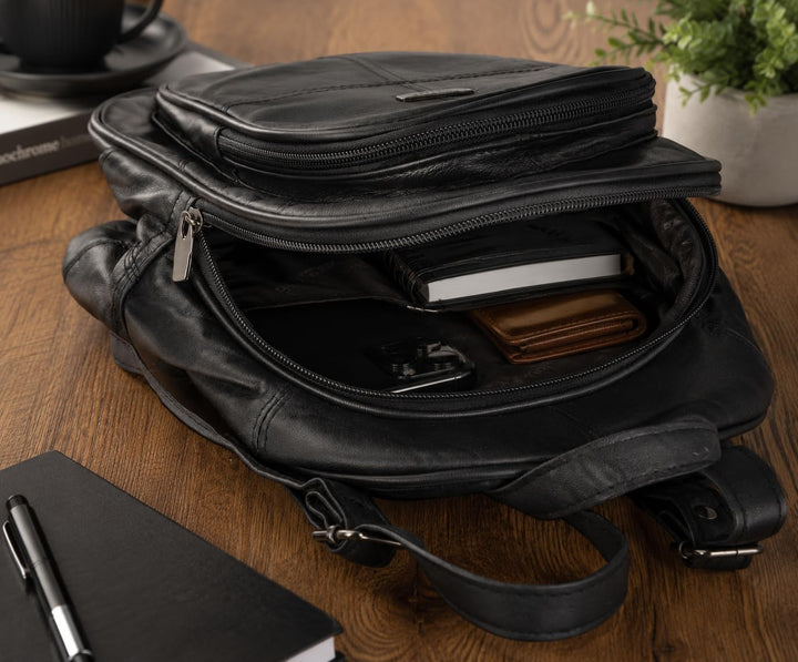 Woodland Leathers Modischer Damenrucksack, klein, schwarz, mit Anti-Diebstahl-Reissverschluss und Ha