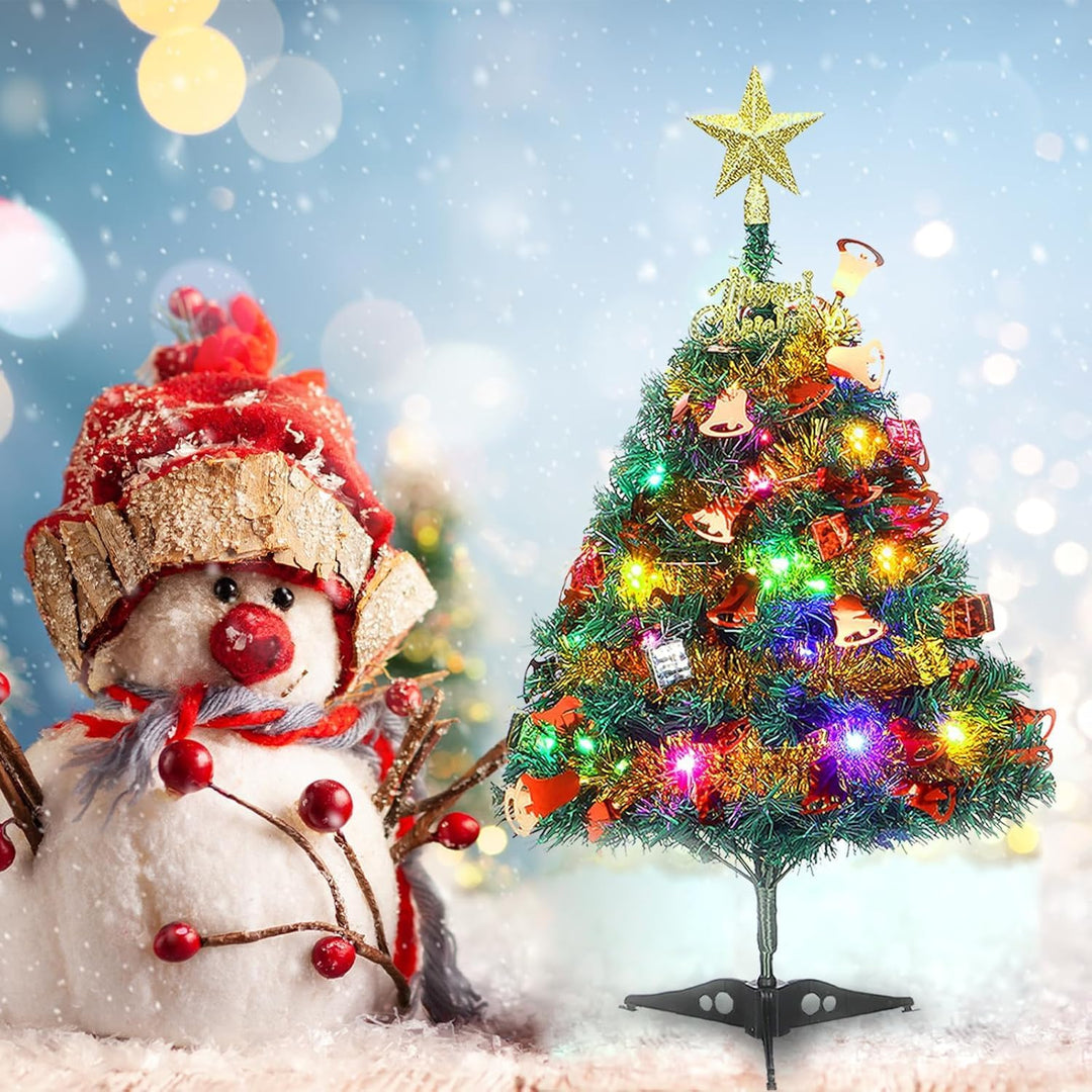 60cm Tisch-Weihnachtsbaum, Künstliche Mini Christmas Pine Tree mit LED-Lichterketten & Ornamenten