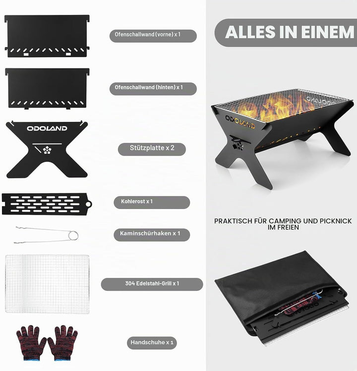 Odoland Camping-Feuerstelle, tragbare Feuerstelle für Camping, 2 in 1 Holzfeuerstelle, Grill mit abn