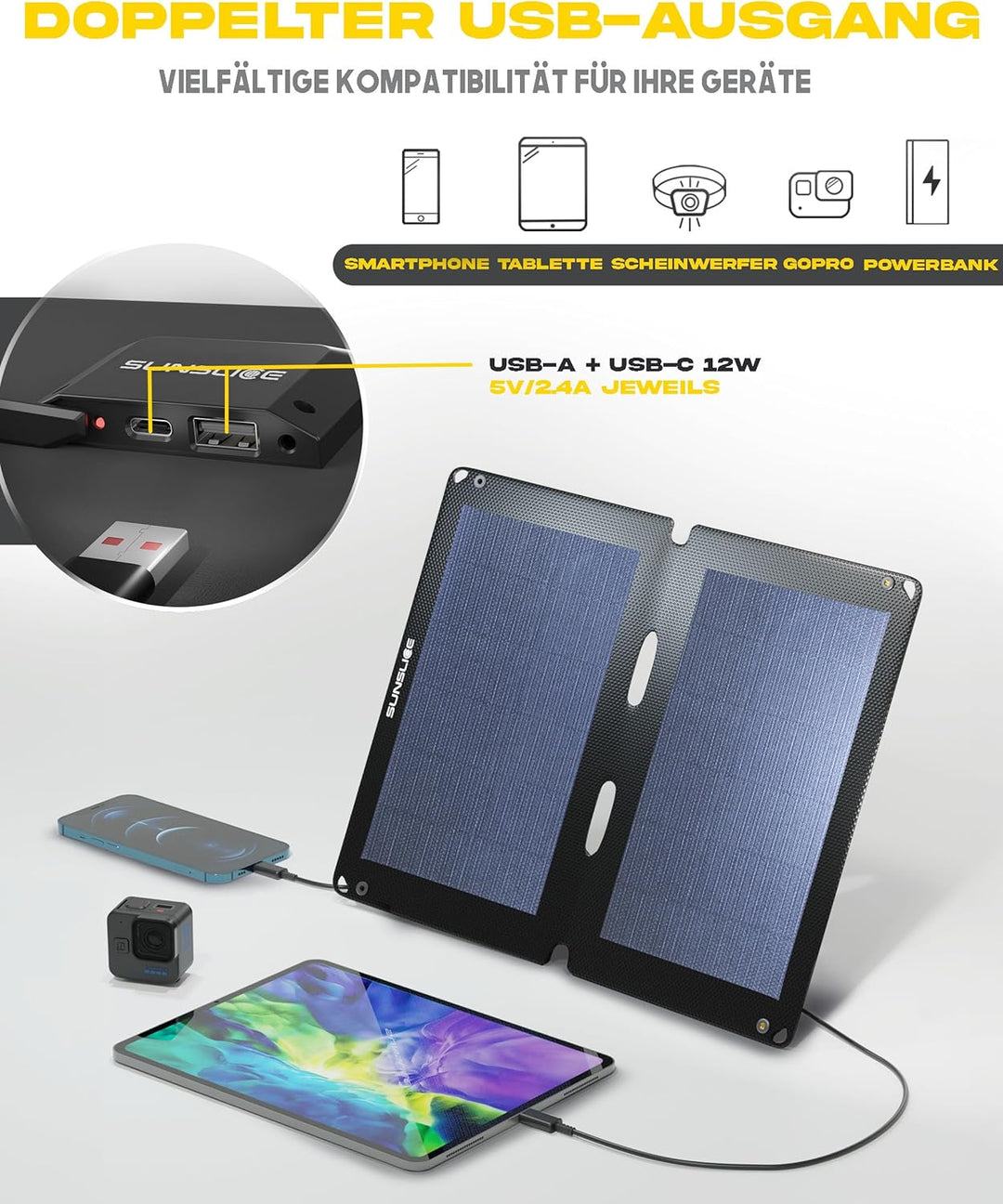 Solar Charger Outdoor, Solarmodul flexibel, Solaranlage Camping, Solar Charger wasserdicht mit leist
