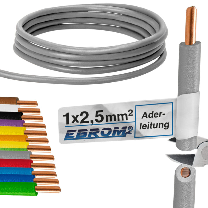 EBROM Aderleitung Einzelader starr H07V-U 2,5 mm² - Farbe: grau, 35 m, 35 m