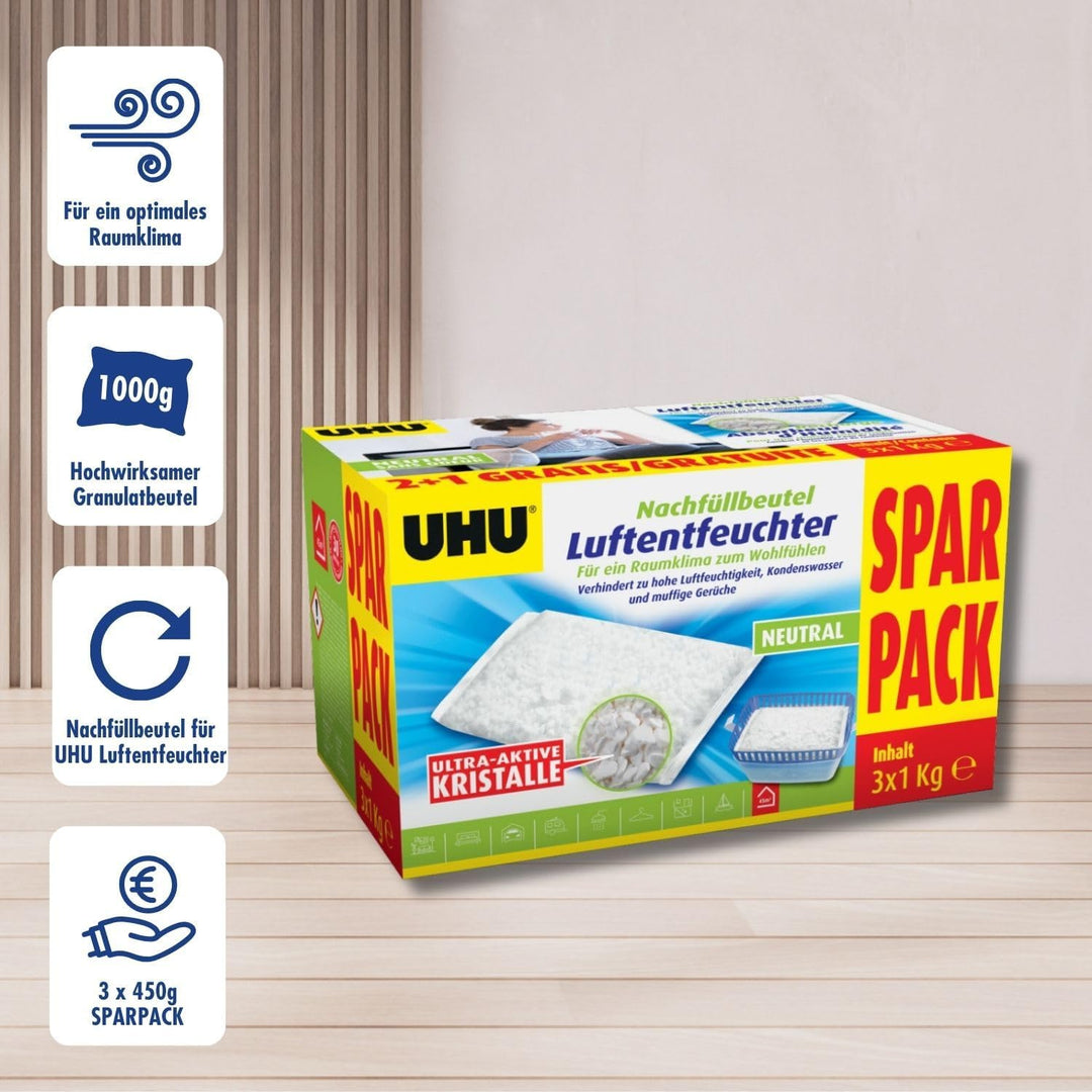 UHU Luftentfeuchter Nachfüllbeutel, Verhindert Feuchtigkeit und muffige Gerüche, 3 x 1000 g Sparpack