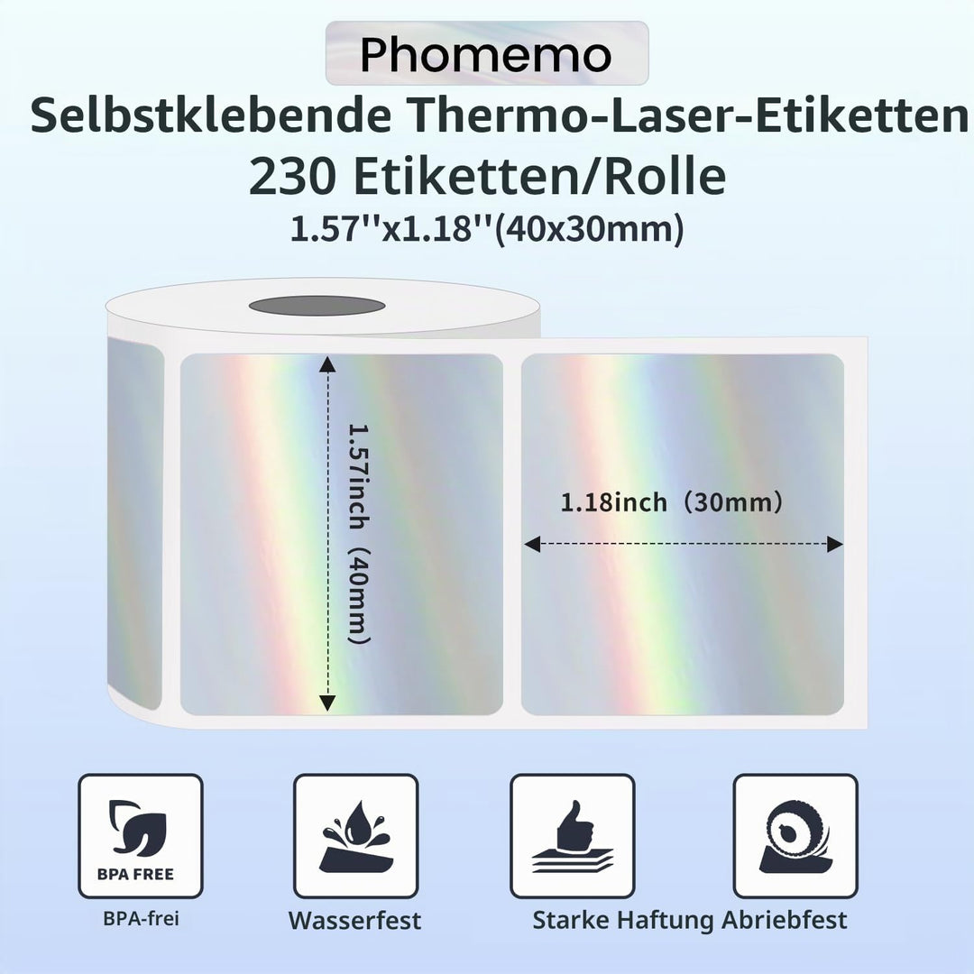 Phomemo M110/M220/M221/M200/M120/M100/M108/M150/M250/M260 Laser Silver Selbstklebende Etiketten 40x3