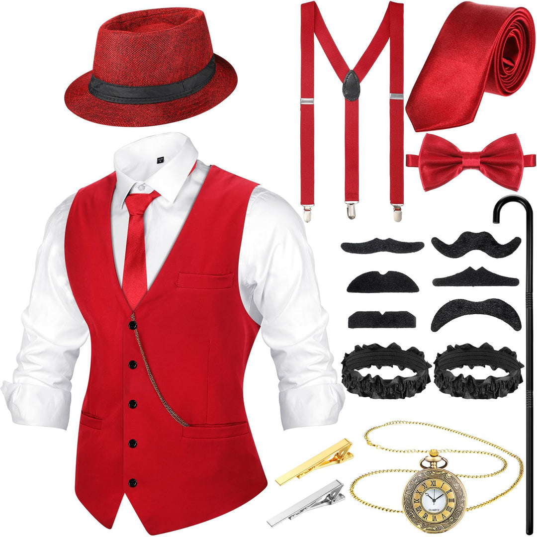 Blulu 1920er Jahre Herren Kostüm Accessoires Set Gangster Weste Fedora Hut Hosenträger Spielzeug Tas