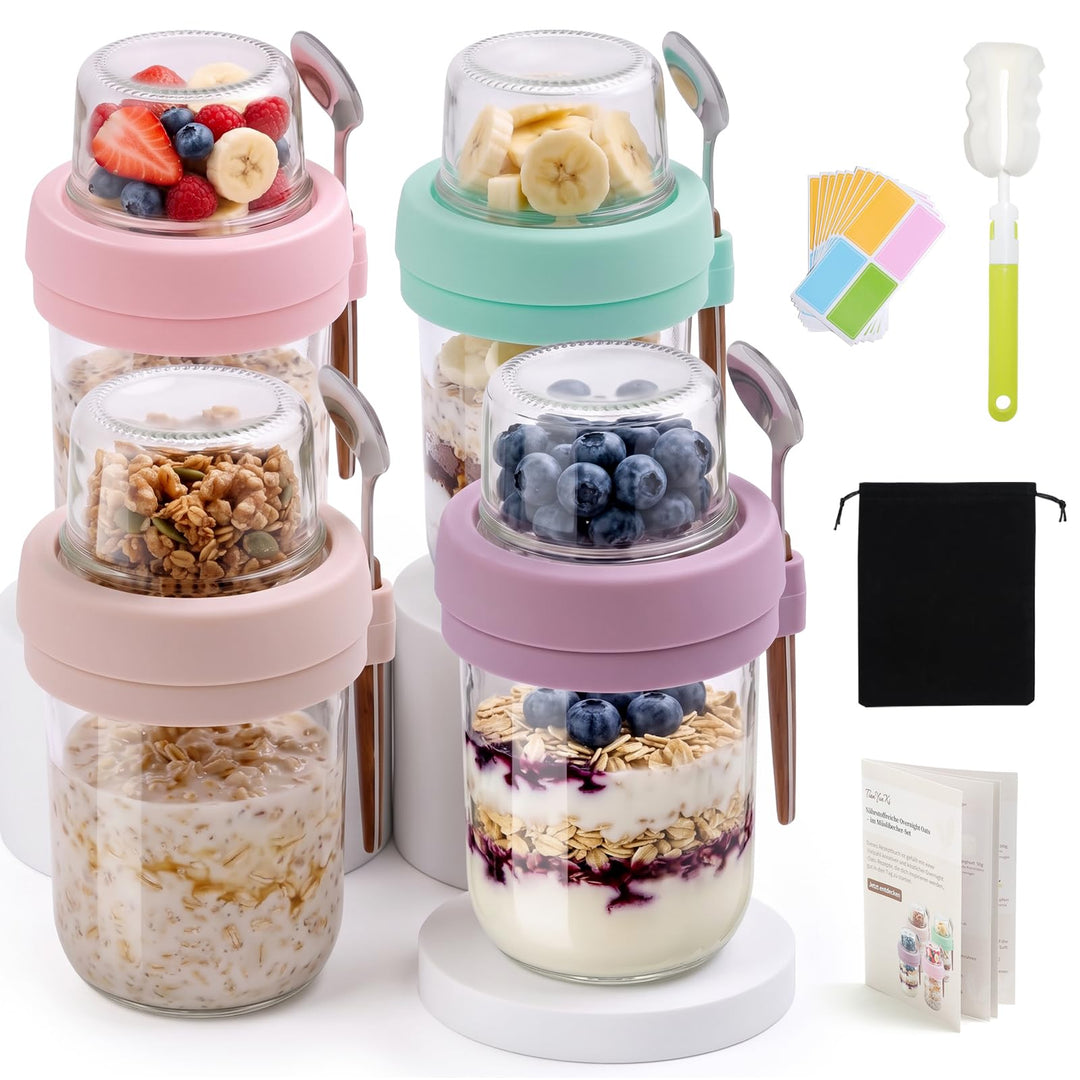 Overnight Oats Gläser, 4er 480+120ml, Spülmaschinenfest