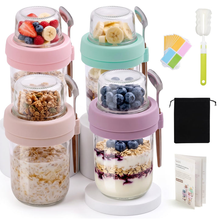 Overnight Oats Gläser, 4er 480+120ml, Spülmaschinenfest