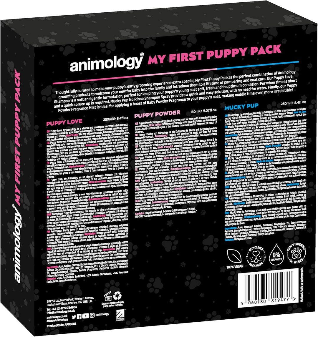 Animology My First Puppy Pack Sanftes Welpenpflege-Geschenkset mit Shampoo, Spray ohne Ausspülen und