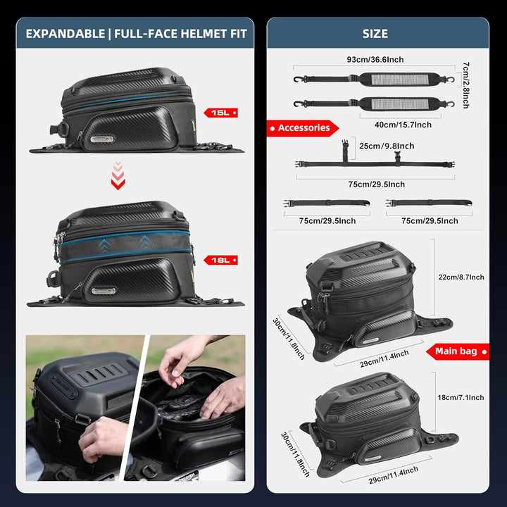 Rhinowalk Motorrad Tankrucksack Tanktasche Hartschale Wasserdicht Erweiterbar 15-18L Motorrad Sitz A