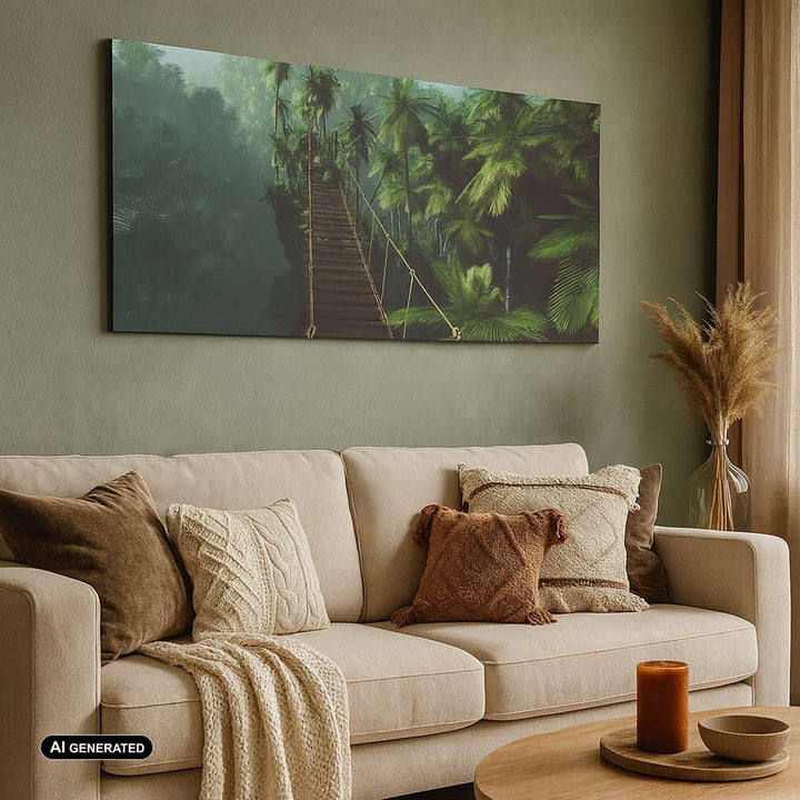 Panorama Bilder auf Leinwand Dschungel Palme Brücke Leinwandbild 90x30cm Wandbilder Dekoration Wohnz