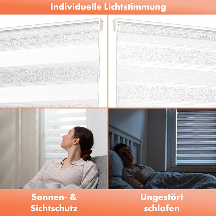 Doppelrollo Klemmfix ohne Bohren - 4in1 Duo Rollo mit Muster Weiss Silber Glitzernd 50x200cm - Ranke