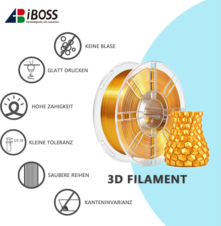 iBOSSPLA Plus Shiny Silk 3D Drucker Filament 1.75mm, Silk PLA+ 3D Druck Filament mit Seidenglattes,