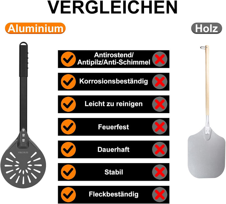 Perforierter Pizzaschieber, runder Pizzawender 17,8 cm, rutschfester Griff 42 cm, robuster eloxierte