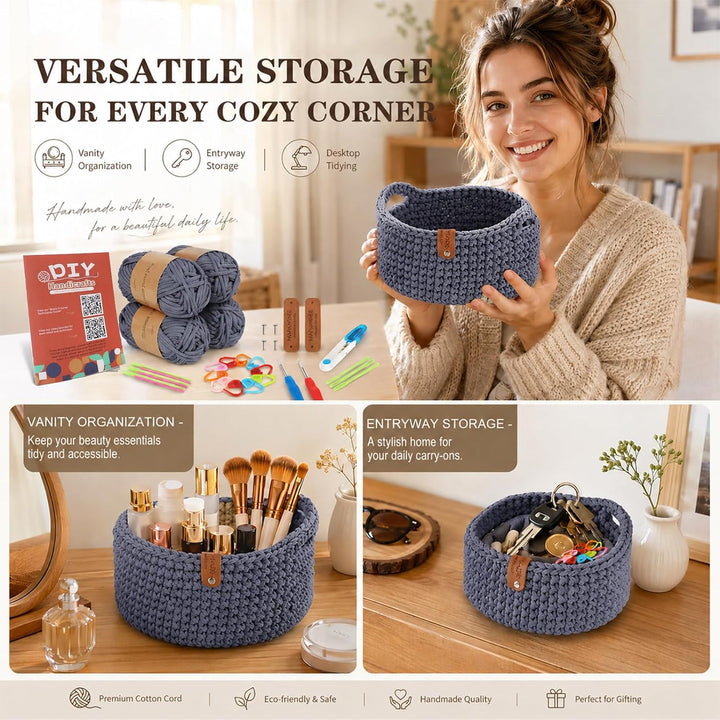 MIUUIPI Häkelset für Anfänger, 2Pcs Square Häkelkorb Häkelset, Komplettes Häkel Set, Korb Crochet Se