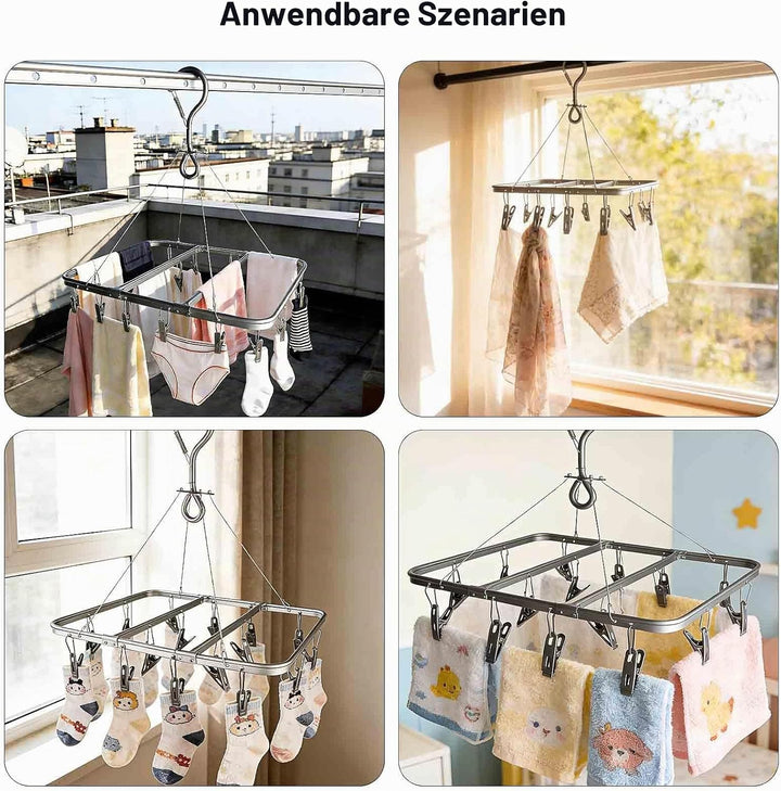 Wäscheständer mit 16 Clips, Faltbarer Sockentrockner aus Aluminium, 360° Drehbarer Hängender Wäsches