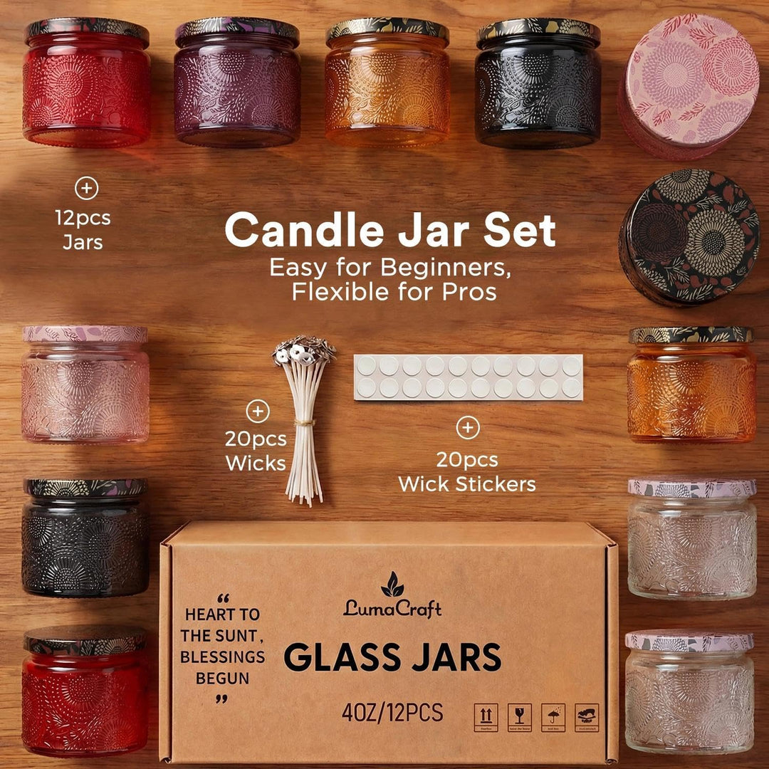 LumaCraft Candle Luxus Relief Kerzengläser zum Kerzen giessen- 12er Pack Leere Glasgefässe mit Luftd