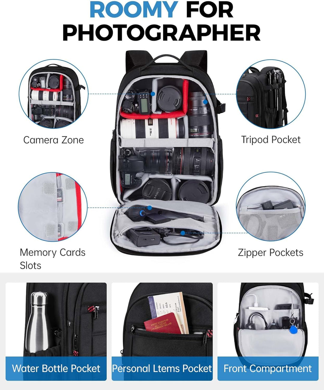 bagsmart Kamerarucksack Spiegelreflex Kameratasche für Fotografen, Wasserdichter Fotografie Reiseruc