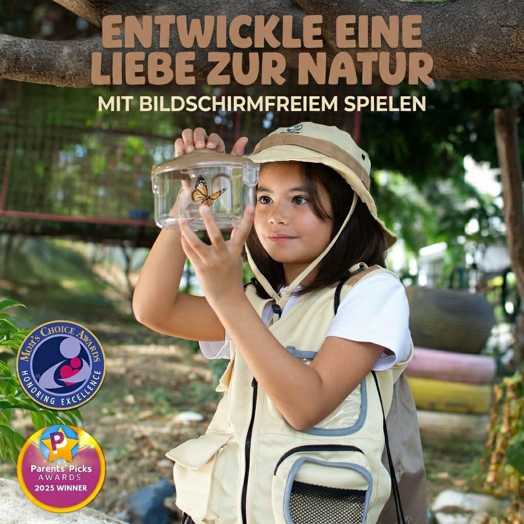 Entdecker-Set für Kinder mit Safariweste, Hut &amp; Insektenfang-Set – Abenteuerführer &amp; Schnitzeljagd –