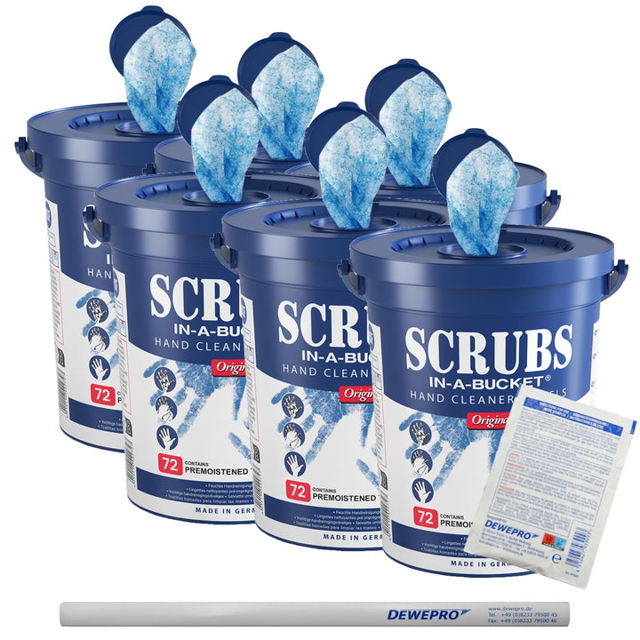 6 Eimer SCRUBS in a Bucket - 72 St. pro Eimer getränkte Handreinigungstücher, inkl. 6 St. DEWEPRO® B