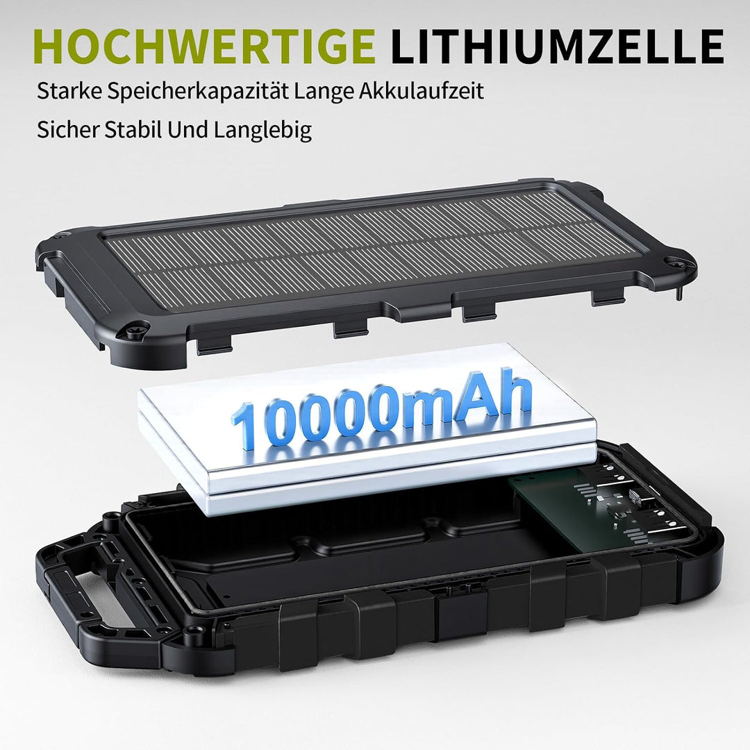 Solar Powerbank 10000mAh PD 22.5W Tragbares Solar Ladegerät USB C Outdoor Wasserdicht Externer Akku