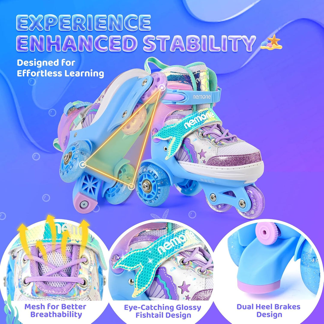 NEMONE Rollschuhe für Mädchen Kinder 4 Grössen Verstellbar Blau Violett Rollschuhe für Kinder Drinne
