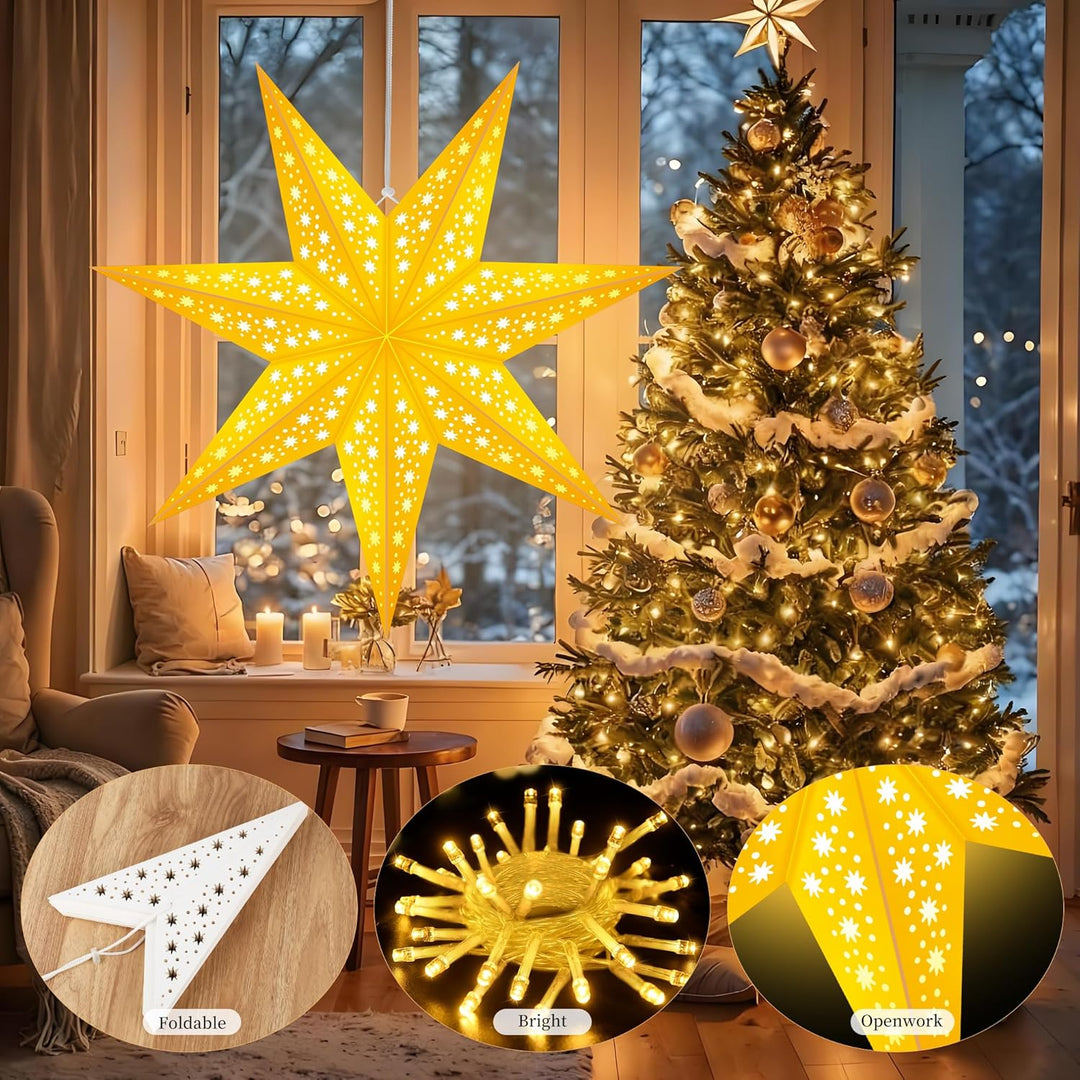 Weihnachtsdeko - LED Weihnachtsstern Beleuchtet zum Aufhängen,2 Stück Papierstern Beleuchtet 8 Leuch