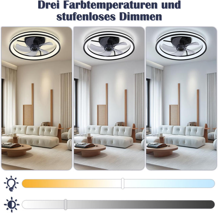 Fiqops Deckenventilator mit Beleuchtung und Fernbedienung Ø50 cm, LED Deckenleuchte 3 Farbtemperatur