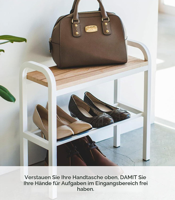 Yamazaki 4787 TOWER Schuhregal mit Holzablage, weiss, Stahl/Schichtholz, Minimalistisches Design, We