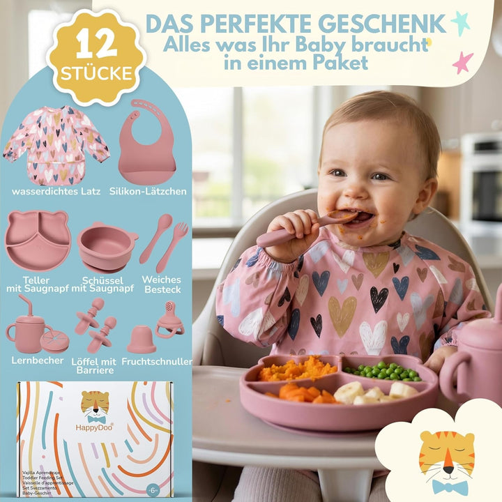 Baby Geschirrset | 12 Stücke | Baby Teller Set | Baby Geschirrset mit Saugnapf | Baby Geschirr | BPA