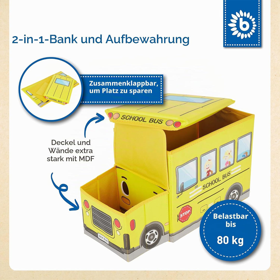 Bieco Aufbewahrungsbox mit Deckel Kinder Schulbus, faltbar, Sitzhocker mit Sitzgelegenheit, und Pols