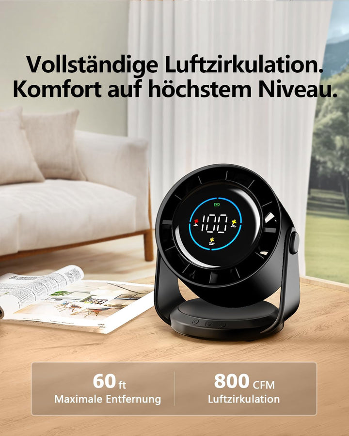 Tischventilator, USB Ventilator mit 100 Geschwindigkeitsstufen 105° Schwenkfunktion LED Display mit