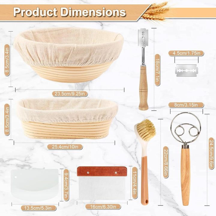 2er Gärkörbchen Set 23cm Rund & 25cm Oval Brotkörbchen – mit Gärtuch, Spatel & Bäckermesser – Brot B