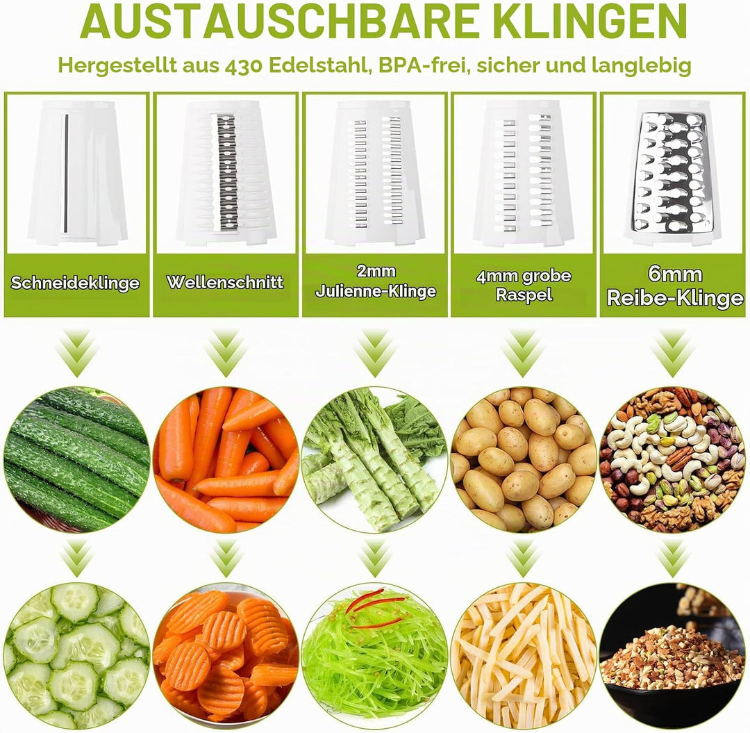 Gemüsereibe mit Kurbel, dellyy 5 Klingen Sets, Edelstahl Trommelreibe, Verstecktes Aufbewahrungsfach