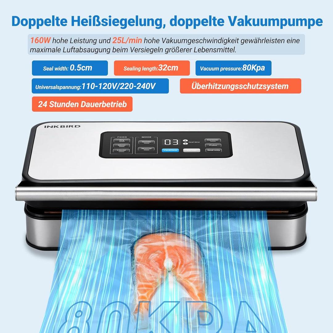 INKBIRD Vakuumiergerät, Folienschweissgeräte für Lebensmittel mit Trocken-/Nass-/Flüssigkeitsmodus,D
