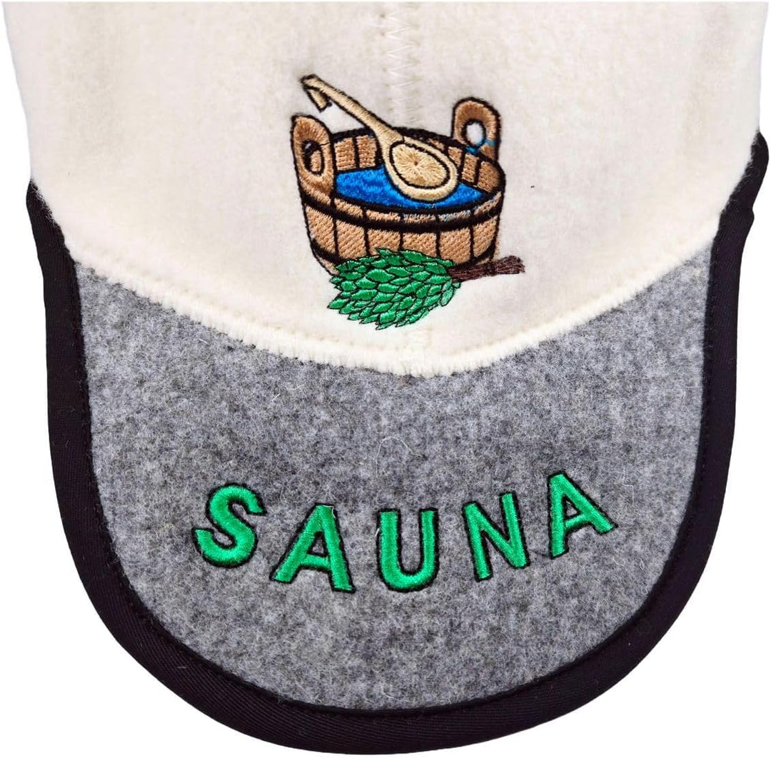 SAUNA Saunahut, Baseballkappen-Form, 100% Schafwolle, Weiss-Grau, mit Saunatub-Stickerei