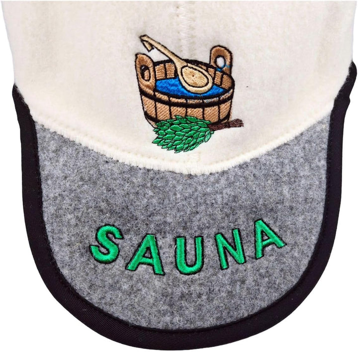 SAUNA Saunahut, Baseballkappen-Form, 100% Schafwolle, Weiss-Grau, mit Saunatub-Stickerei