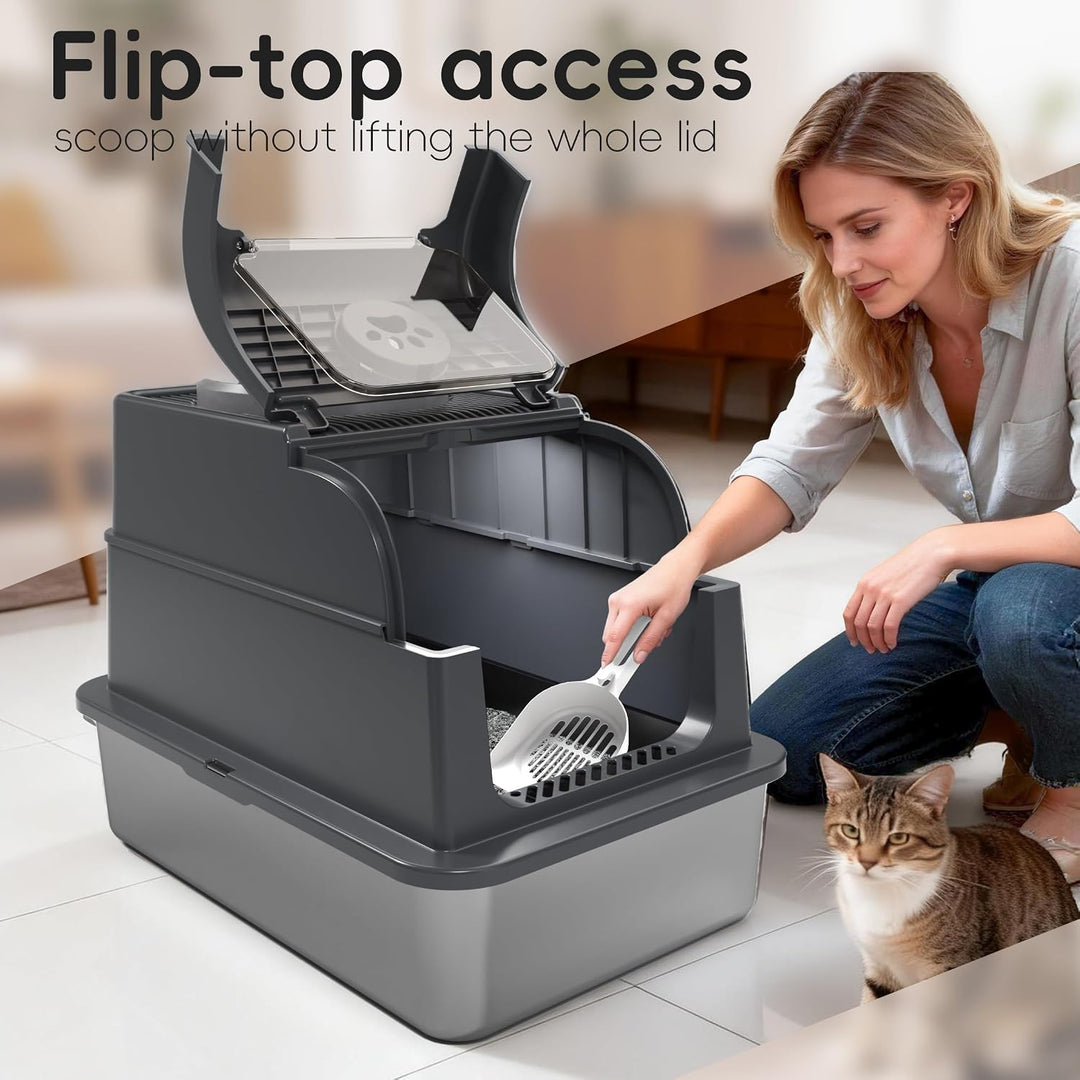 PAKEWAY Grosse Katzentoilette Edelstahl, XXL 3-in-1 Geschlossen &amp; Offen, Mit Klappdeckel &amp; Anti-Trac