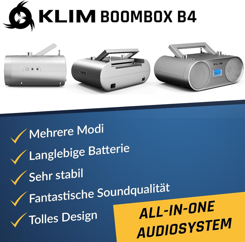 KLIM Boombox B4 Radio mit CD Player + AM/FM Radio, MP3, Bluetooth, AUX, USB + NEU 2024 + CD Player t